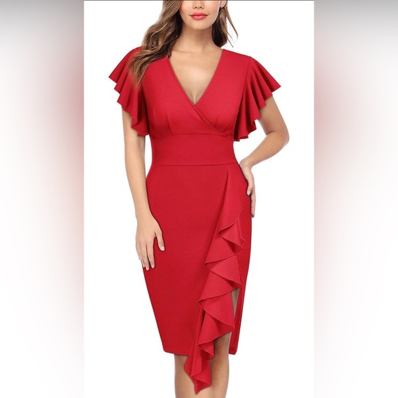 Knitee Women’s Deep-V Neck Ruffle Sleeves Cocktail Pencil Slit Formal Dress - Picture 4 of 6